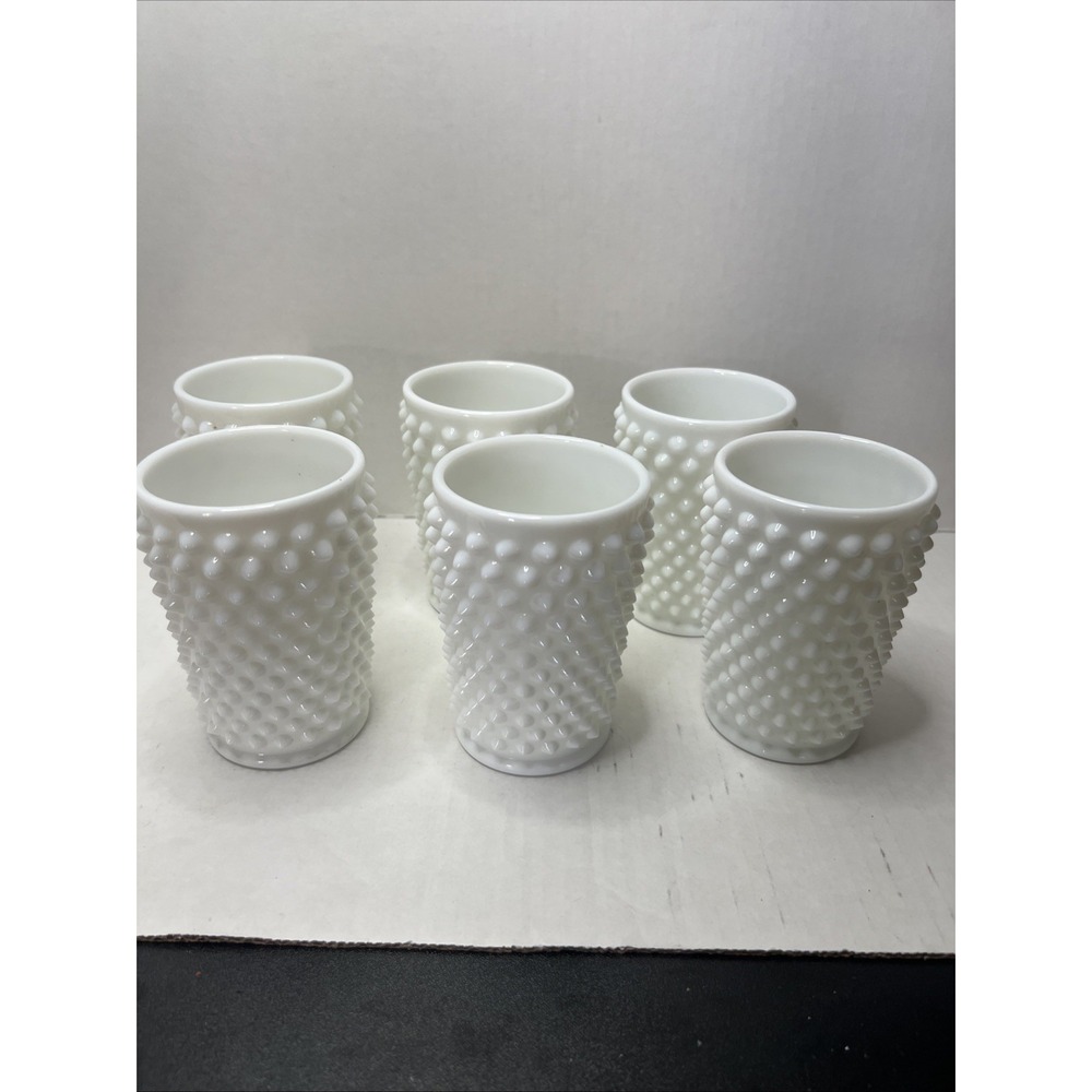 Set of 6 Vintage Fenton White Milk Glass Hobnail Tumblers